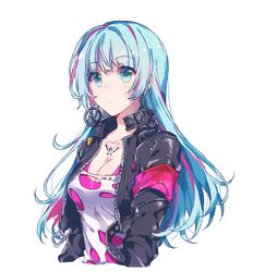  bad_id bad_pixiv_id black_jacket blue_eyes blue_hair breasts cleavage closed_mouth earrings female highres jacket jewelry large_breasts leather leather_jacket long_hair long_sleeves looking_at_viewer migolu multicolored_hair nanasaki_nicole open_clothes open_jacket pink_hair shirt simple_background solo streaked_hair tattoo tokyo_7th_sisters torn_clothes torn_shirt upper_body white_background 