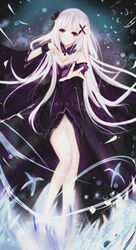  black_dress black_flower black_ribbon breasts character_name choker cleavage commentary_request dress female floating_hair flower fyy_(fyy8494) hair_between_eyes hair_flower hair_ornament hair_ribbon highres long_hair looking_at_viewer medium_breasts outstretched_arm re:zero_kara_hajimeru_isekai_seikatsu red_eyes ribbon satella_(re:zero) solo very_long_hair white_hair 