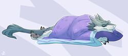  2018 4_fingers 4_toes ankle_tuft anthro bedding biped blanket cheek_tuft claws closed_eyes cushion digital_drawing_(artwork) digital_media_(artwork) digitigrade dipstick_tail facial_tuft feet fingers full-length_portrait fur grey_body grey_fur hi_res hindpaw kel leg_tuft lying male mammal mane markings multicolored_tail nude pattern_background pawpads paws pillow pink_background portrait purple_bedding relaxing sergal shaded side_view signature simple_background sleeping snout solo tail tail_markings tail_tuft tan_body tan_fur toe_claws toes tuft twistedteeth vilous_universe 