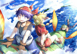  blonde_hair blue_eyes blue_hair chrono_cross cloud commentary_request crop_top female full_body glenn_(chrono_cross) gloves high_ponytail kid_(chrono_cross) long_hair midriff multi-tied_hair multiple_boys ocean oosuzu_aoi ponytail serge_(chrono_cross) skirt sky smile vest 