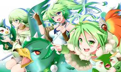  3girls ahoge bare_shoulders beak bird black_hair blush breasts caam_serenity_of_gusto cleavage collar collarbone commentary_request daigusto_gulldos duel_monster gloves gradient_hair green_eyes green_hair gusto_egul gusto_gulldo hair_ornament highres hikaru49831115 jacket jewelry long_hair looking_at_viewer medium_breasts multicolored_hair multiple_girls necklace open_mouth orange_hair penguin pilica_descendant_of_gusto ponytail smile spiritual_beast_rampengu staff winda_(yu-gi-oh!) winda_priestess_of_gusto yu-gi-oh! 