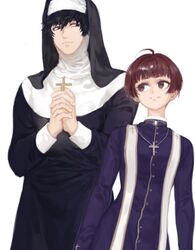  1boy ahoge alternate_costume arms_at_sides black_eyes black_hair brown_eyes brown_hair commentary_request cross crossdressing female habit interlocked_fingers kougami_shin&#039;ya looking_at_another nun priest psycho-pass short_hair sideways_glance standing traditional_nun tsunemori_akane tuta 