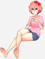  barefoot blue_eyes bow doki_doki_literature_club feet female hairbow legs_crossed looking_at_viewer pink_hair sayori_(doki_doki_literature_club) scathegrapes shorts smile soles toes 