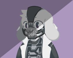  5:4 anthro asriel_dreemurr bane_(dc) baneposting batman_(series) boss_monster_(undertale) bovid caprine clothed clothing conditional_dnp cosplay crybleat dc_comics fur humor jacket lol_comments lolicon long_ears male mammal meme simple_background solo topwear undertale undertale_(series) white_body white_fur young 