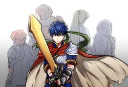  2boys 3boys armor blue_eyes blue_hair cape commentary_request fire_emblem fire_emblem:_path_of_radiance fire_emblem:_the_blazing_blade fire_emblem_awakening fire_emblem_heroes green_hair headband hector_(fire_emblem) ike_(fire_emblem) ikeimen long_hair looking_at_viewer lucina_(fire_emblem) lyn_(fire_emblem) male_focus multiple_boys ponytail ragnell red_hair roy_(fire_emblem) short_hair sword weapon white_background 