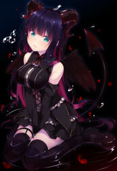  aqua_eyes bad_id bad_pixiv_id between_legs black_footwear black_thighhighs black_wings blush breasts closed_mouth colored_inner_hair commentary_request demon_horns demon_tail detached_sleeves feathered_wings female hand_between_legs highres horns large_breasts long_hair looking_at_viewer mary_janes multicolored_hair panty_&amp;_stocking_with_garterbelt photoshop_(medium) purple_hair ripples shoes shokuyou_mogura sitting solo stocking_(psg) striped_clothes striped_thighhighs tail thighhighs thighs two-tone_hair very_long_hair wariza water_drop wings 