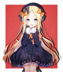  :d abigail_williams_(fate) black_bow black_dress black_hat blonde_hair bloomers blue_eyes blush bow bug butterfly commentary dress fate/grand_order fate_(series) female forehead hairbow hands_up hat hugging_object long_hair long_sleeves looking_at_viewer open_mouth orange_bow parted_bangs polka_dot polka_dot_bow red_background sleeves_past_wrists smile solo stuffed_animal stuffed_toy teddy_bear tengxiang_lingnai two-tone_background underwear very_long_hair white_background white_bloomers 