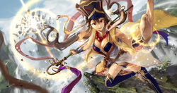  bikini bracer brown_hair commentary_request earrings explosion fate/grand_order fate_(series) female flying glowing hair_between_eyes hand_up hat highres holding holding_staff jewelry kito_(kito2) kneehighs long_hair necklace open_mouth red_eyes sandals smile socks solo staff swimsuit xuangzang_sanzang_(fate) 