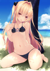  adapted_costume bad_id bad_pixiv_id beach bikini black_bikini blonde_hair blue_sky blush breasts cloud cloudy_sky commentary_request day female hair_between_eyes hair_ornament highres kneeling konjiki_no_yami long_hair looking_at_viewer navel outdoors photoshop_(medium) red_eyes shokuyou_mogura sky small_breasts solo star_cutout swimsuit thighs to_love-ru very_long_hair 