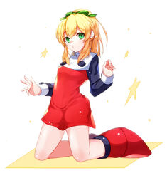  black_shirt blonde_hair boots breasts commentary dress female full_body green_eyes green_ribbons hair_ribbon knee_boots kneeling long_hair long_sleeves looking_at_viewer mega_man_(classic) mega_man_(series) parted_lips ponytail red_dress red_footwear ribbon roll_(mega_man) sakuraba_(cerisier_x) shirt sidelocks small_breasts solo star_(symbol) symbol-only_commentary turtleneck turtleneck_dress undershirt white_background 