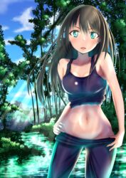  blush breasts commentary_request female green_eyes highres idolmaster idolmaster_cinderella_girls lens_flare light_rays long_hair looking_at_viewer medium_breasts navel outdoors shibuya_rin solo tank_top tree zakuro0508 