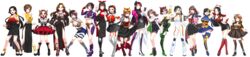  6+girls absurdres bad_id bad_pixiv_id bat_wings belt black_skirt breasts brown_hair card chains coat dress genderswap_(mtf) gloves goth_fashion highres kamen_rider kamen_rider_555 kamen_rider_agito kamen_rider_agito_(series) kamen_rider_blade kamen_rider_blade_(series) kamen_rider_dcd kamen_rider_decade kamen_rider_den-o kamen_rider_den-o_(series) kamen_rider_double kamen_rider_drive kamen_rider_drive_(series) kamen_rider_faiz kamen_rider_fourze kamen_rider_fourze_(series) kamen_rider_gaim kamen_rider_gaim_(series) kamen_rider_ghost kamen_rider_ghost_(series) kamen_rider_hibiki kamen_rider_hibiki_(series) kamen_rider_kabuto kamen_rider_kabuto_(series) kamen_rider_kiva kamen_rider_kiva_(series) kamen_rider_kuuga kamen_rider_kuuga_(series) kamen_rider_ooo kamen_rider_ooo_(series) kamen_rider_ryuki kamen_rider_ryuki_(series) kamen_rider_w kamen_rider_wizard kamen_rider_wizard_(series) kivat-bat_iii long_hair looking_at_viewer miniskirt multiple_girls pink_coat pink_eyes pink_hair pink_legwear red_dress red_eyes rider-tan rule_63 skirt thighhighs wide_image wings za&#039;s_man 