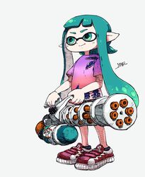  aqua_hair bad_id bad_twitter_id commentary female gatling_gun gun inkling inkling_girl inkling_player_character mini_splatling_(splatoon) minigun purple_shirt red_footwear shirt shoes solo splatoon_(series) splatoon_1 tentacle_hair weapon yuta_agc 