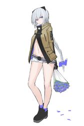  absurdres belt blue_eyes bouquet bow braid commentary_request female flower full_body hairbow highres long_hair looking_at_viewer mihato_senba original short_shorts shorts silver_hair simple_background single_braid solo standing 