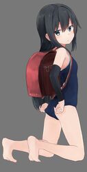  :o absurdres adjusting_clothes adjusting_swimsuit arm_warmers asashio_(kancolle) ass backpack bag barefoot black_hair blue_eyes breasts competition_school_swimsuit female from_side full_body grey_background highres kantai_collection kneeling long_hair looking_at_viewer looking_to_the_side one-piece_swimsuit open_mouth randoseru school_swimsuit simple_background small_breasts soles solo swimsuit yuki_(yukin0128) 