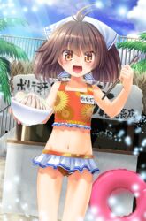  :d ahoge blue_sky brown_eyes brown_hair chopsticks commentary_request day female flat_chest food food_stand holding holding_chopsticks innertube looking_at_viewer navel open_mouth outdoors skirt sky smile sound_voltex standing swim_ring translated umarutsufuri white_skirt yamashina_kanade 