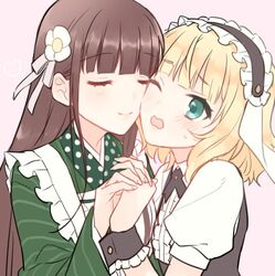  2girls ama_usa_an_uniform animal_ears apron blonde_hair blunt_bangs blush brown_hair cheek-to-cheek closed_mouth collared_shirt commentary cross_tie fake_animal_ears flat_chest fleur_de_lapin_uniform floppy_ears flower frilled_apron frilled_cuffs frills gochuumon_wa_usagi_desu_ka? green_kimono hair_flower hair_ornament heads_together heart holding_hands inoue_mikuni interlocked_fingers japanese_clothes kimono kirima_syaro long_hair long_sleeves looking_at_another maid_apron maid_headdress multiple_girls one_eye_closed open_mouth pink_background pink_ribbon polka_dot_trim puffy_short_sleeves puffy_sleeves rabbit_ears ribbon shirt short_hair short_sleeves sidelocks striped_clothes striped_kimono sweatdrop ujimatsu_chiya underbust upper_body wavy_hair wavy_mouth white_apron white_flower white_shirt wide_sleeves wing_collar yuri 