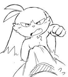  angry bandai_namco bully bullying domestic_cat felid feline felis fist intimidation klonoa klonoa_(series) lagomorph leporid looking_at_viewer male mammal monochrome oob punch rabbit solo threatening 