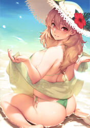  absurdres ass bare_legs bare_shoulders barefoot beach bikini blonde_hair blush breasts cropped day female flower from_behind green_bikini hair_between_eyes halterneck hat hat_flower highres large_breasts long_hair looking_at_viewer looking_back original outdoors page_number parted_lips partially_submerged photoshop_(medium) red_eyes sasaoka_gungu scan see-through side-tie_bikini_bottom sideboob sitting smile solo strap_gap string_bikini sun_hat swimsuit wariza water wet 