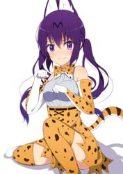  3: absurdres animal_ears bare_shoulders belt blush bow bowtie breasts buttons closed_mouth commentary cosplay elbow_gloves female gloves gochuumon_wa_usagi_desu_ka? hair_between_eyes highres kemono_friends long_hair looking_at_viewer medium_breasts mottsun_(i_40y) orange_bow orange_bowtie paw_pose print_bow print_bowtie purple_eyes purple_hair serval_(kemono_friends) serval_(kemono_friends)_(cosplay) serval_print shadow shirt sidelocks sitting skirt sleeveless sleeveless_shirt solo tail tedeza_rize thighhighs twintails two-tone_bowtie v-shaped_eyebrows very_long_hair wavy_mouth white_background white_bow white_bowtie white_shirt zettai_ryouiki 