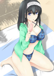  beach bikini black_hair blue_bikini blue_eyes blush breasts cleavage collarbone commentary_request female hairband highres idolmaster idolmaster_cinderella_girls jacket large_breasts long_hair looking_at_viewer open_mouth photoshop_(medium) plaid plaid_bikini sagisawa_fumika sand solo swimsuit yuu_(oosakazaijyuu) 