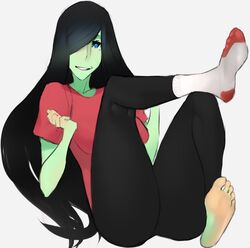  barefoot black_hair blue_eyes feet female green_skin hair_over_one_eye long_hair looking_at_viewer mole nina_(scathegrapes) parted_lips scathegrapes single_sock socks soles toes 