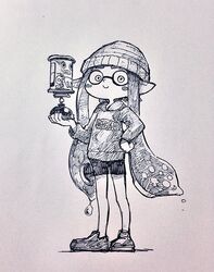  bad_id bad_twitter_id beanie bike_shorts commentary_request female greyscale hat inkling inkling_girl inkling_player_character monochrome shoes solo splatoon_(series) splatoon_1 suction_bomb_(splatoon) sweater tentacle_hair yuta_agc 