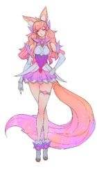  ahri alternate_costume alternate_eye_color alternate_hair_color animal_ears boots breasts choker detached_sleeves female fox_ears fox_tail hair_ornament hairband highres league_of_legends legs long_hair long_legs magical_girl multiple_tails peach_hair skirt star_guardian_(league_of_legends) star_guardian_ahri tail thigh_boots thighhighs thighs 