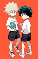  2boys aged_down bakugou_katsuki ball black_shorts blonde_hair boku_no_hero_academia clothes_writing commentary_request freckles green_eyes green_hair holding holding_ball lolicon looking_at_viewer looking_back male_focus maneki-neko_(fujifuji) midoriya_izuku multiple_boys name_tag orange_eyes red_background shirt shoes short_hair shorts sneakers spiked_hair standing t-shirt white_footwear white_shirt 