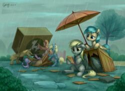  2018 blonde_hair blue_body blue_eyes blue_feathers blue_hair brown_body brown_feathers clipboard closed_eyes crafty_crate_(mlp) crate cutie_mark derpy_hooves detailed_background dragon duo_focus equid equine eyelashes feathered_wings feathers female feral floppy_ears friendship_is_magic grey_body grey_feathers group hair hasbro hi_res holding_clipboard holding_object hooves landypommel male mammal my_little_pony mythological_creature mythological_equine mythological_scalie mythology outside pegasus plant raining sad scalie shrub signature sitting sky spade_tail spike_(mlp) sunshower_raindrops_(mlp) tail tan_body tan_feathers teeth tree twilight_sparkle_(mlp) umbrella water wings wood yellow_body yellow_eyes yellow_feathers 