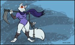  2025 5:3 alopex anthro bandage bandaged_arm bandaged_leg black_border bodypaint border canid canine chains clothed clothing dutch_(artist) face_paint female fox fur hi_res holding_object holding_weapon mammal mouth_closed scarf signature solo standing tail teenage_mutant_ninja_turtles weapon 