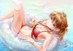  1girls asuka_langley_sohryu baumku_techen beach bikini blue_eyes breasts brown_hair cock-tail jewelry neon_genesis_evangelion pool red_bikini red_bra red_hair red_panties red_swimsuit solo_female swimsuit tagme teenage_girl teenager water 