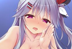 black_ribbon blue_background blush breasts collarbone colored_eyelashes commentary female furrowed_brow grey_hair hair_between_eyes hair_ornament hair_ribbon hairclip half-closed_eyes hanasaki_work_spring hand_up long_hair looking_at_viewer mrkms612 nose_blush nude one_side_up open_hand out-of-frame_censoring parallel_hairclips purple_eyes red_ribbon ribbon saliva shiranui_inori simple_background solo tongue tongue_out upper_body white_ribbon 