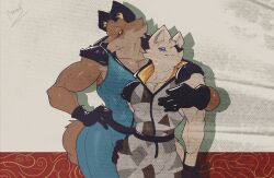  anthro arctic_fox barazoku belt biceps brother_(lore) brothers_(lore) canid canine canis clothed clothing duo duo_focus epic_games fennix_(fortnite) fortnite fox fur gloves group handwear hi_res hug hugging_another hugging_from_behind incest_(lore) male male/male mammal muscular muscular_anthro muscular_male orange_body orange_fur pecs pinumontbalou red_fox sibling_(lore) size_difference spikes true_fox volpez_(fortnite) white_body white_fur 