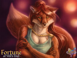  anthro avoid_posting blue_clothing blue_topwear breasts canid canine chains cleavage clothed clothing crossed_arms female fox furoticon hair hair_bun half-length_portrait jewelry mammal melo666 necklace portrait shirt solo tank_top topwear zinna 