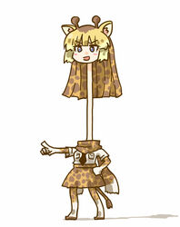  :d animal_ears animal_print black_eyes black_necktie blonde_hair blush_stickers commentary_request female giraffe_ears giraffe_horns giraffe_print giraffe_tail hand_on_own_hip horns kemono_friends long_hair long_neck multicolored_clothes multicolored_legwear necktie open_mouth pointing reticulated_giraffe_(kemono_friends) seki_(red_shine) simple_background smile solo stretched_neck tail v-shaped_eyebrows white_background 