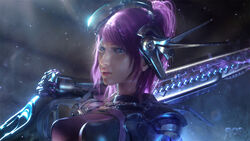  3d armor blue_eyes bodysuit breasts commentary_request copyright_name female headgear highres medium_breasts original parted_lips perky_breasts purple_hair skin_tight unfinished wen_jr 