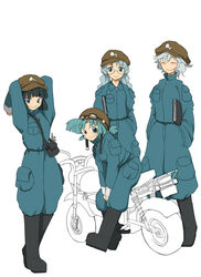  4girls bad_id bad_pixiv_id black_hair blue_hair boots closed_eyes dark_haired_kappa extra glasses_kappa goggles hat helmet jumpsuit kappa_mob_(touhou) looking_at_viewer motor_vehicle motorcycle multiple_girls sitting smile standing toriga_naku touhou 