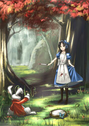  alice_liddell_(american_mcgee&#039;s_alice) american_mcgee&#039;s_alice apron blood blue_dress boots brown_hair bug butterfly clock commentary_request cowering dress female forest grass green_eyes hairband inoi knife nature pantyhose photoshop_(medium) rock scared skirt_hold striped_clothes striped_pantyhose tree water waterfall white_rabbit_(alice_in_wonderland) 