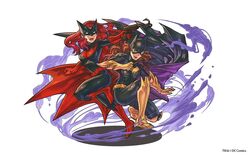  2girls aura barbara_gordon batgirl batman_(series) batwoman brown_hair cape catherine_kane dc_comics full_body gloves grappling_hook kate_kane katherine_kane mask multiple_girls official_art puzzle_&amp;_dragons red_hair 