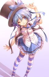  ;) blue_eyes blue_hair commentary_request female hamko_(rbb) hat hat_ribbon highres necktie one_eye_closed original rainybluebell ribbon rojiko shirt short_hair skirt smile solo striped_clothes striped_thighhighs thighhighs top_hat 