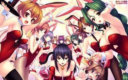  6+girls :d aihara_misa alcohol animal_ears bad_id bad_pixiv_id bell black_hair blush bottle breasts brown_eyes brown_hair cat_ears cat_tail cleavage collar detached_collar elbow_gloves food garter_straps glasses gloves green_eyes green_hair grey_hair high_heels highres hood isumi_akira isumi_marika isumi_michiru isumi_yayoi jingle_bell jinguuji_marimo kazama_touko kimi_ga_ita_kisetsu kouzuki_mitsuko_(kimi_ga_ita_kisetsu) kouzuki_yuuko large_breasts lipstick long_hair makeup multiple_girls munakata_misae neck_bell necktie one_eye_closed open_mouth pantyhose photoshop_(medium) playboy_bunny purple_hair rabbit_ears rabbit_tail sayori_(neko_works) shoes short_hair smile tail thighhighs tono_yuri tray very_long_hair wine wrist_cuffs yagawa_mutsuki 