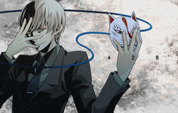  1boy bad_id bad_pixiv_id formal fox_mask kiben_gakuha_yotsuya-senpai_no_kaidan kudou_tadanobu male_focus mask moto necktie photoshop_(medium) solo suit 