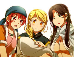  3girls :d alfreed_(arslan_senki) aosa_(michikusakan) arslan_senki baby blonde_hair braid brown_hair commentary_request earrings etoile_(arslan_senki) falangies green_eyes jewelry lipstick long_hair makeup multiple_girls necklace open_mouth orange_eyes pendant red_eyes red_hair short_hair single_braid smile tears 