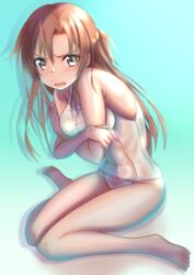  asuna_(sao) barefoot brown_eyes brown_hair commentary_request embarrassed female highres long_hair one-piece_swimsuit school_swimsuit see-through sitting solo swimsuit sword_art_online wariza white_one-piece_swimsuit zakuro0508 