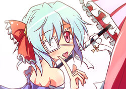  :p alternate_costume bare_shoulders blue_hair bow commentary_request cross eyepatch female hairbow icefloe karakasa_obake oerba_yun_fang open_mouth red_eyes ribbon short_hair solo tatara_kogasa tongue tongue_out touhou umbrella 