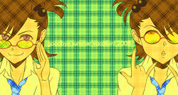  2008 2girls :3 \m/ bad_id bad_pixiv_id bespectacled brown_hair futami_ami futami_mami glasses idolmaster idolmaster_(classic) juu_(juuzi) multiple_girls necktie one_side_up plaid rough_time_school_(idolmaster) short_hair siblings sisters twins 