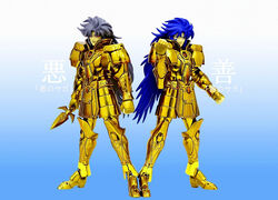  armor blue_hair dagger evil_eyes figure gemini gemini_saga gold good_vs_evil grey_hair long_hair myth_cloth red_eyes saint_seiya siblings twins very_long_hair weapon zodiac 