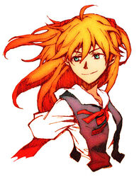  bad_id bad_pixiv_id blue_eyes female floating_hair juu_(juuzi) long_hair looking_away neck_ribbon neon_genesis_evangelion red_hair ribbon shirt short_sleeves smile solo souryuu_asuka_langley wind 