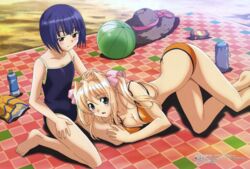  2girls absurdres aqua_eyes ball barefoot beach beachball bikini blanket blonde_hair blue_hair blush bottle breasts butt_crack checkered cleavage feet flat_chest fujimura_shizu grey_eyes hair_ribbon hairband hand_on_another&#039;s_head hand_on_head hat hayama_umi highres kneeling kono_aozora_ni_yakusoku_wo lap_pillow long_hair lying megami multiple_girls official_art on_side one-piece_swimsuit open_mouth outdoors ozeki_miyabi potato_chips ribbon scan short_hair smile straw_hat swimsuit twintails water_bottle yuri 